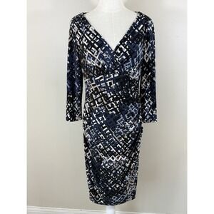 Lauren Ralph Lauren Faux Wrap Dress Women 10 Blue Geometric Sheath Career
